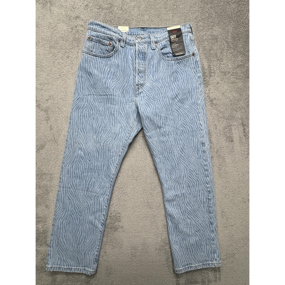 Levis 501 Original Cropped Jeans Women Measured 31x25 Blue Zebra Print High Rise